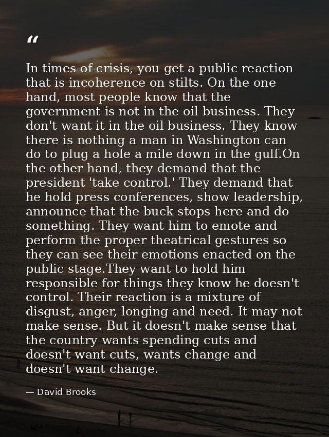 In times of crisis, you get a public reaction that is incoherence on stilts. On the one hand, most people know that the  — David Brooks