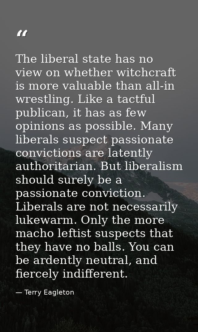 The liberal state has no view on whether witchcraft is more valuable than all-in wrestling. Like a tactful publican, it  — Terry Eagleton