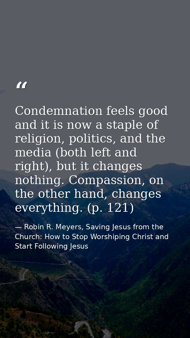 Condemnation feels good and it is now a staple of religion, politics, and the media (both left and right), but it change — Robin R. Meyers, Saving Jesus from the Church: How to Stop Worshiping Christ and Start Following Jesus