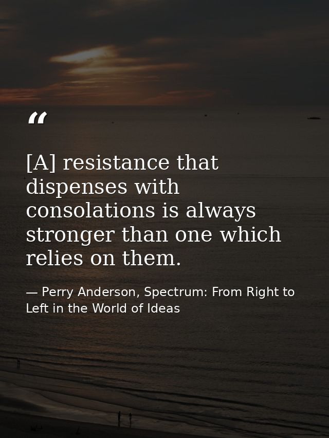 [A] resistance that dispenses with consolations is always stronger than one which relies on them. — Perry Anderson, Spectrum: From Right to Left in the World of Ideas
