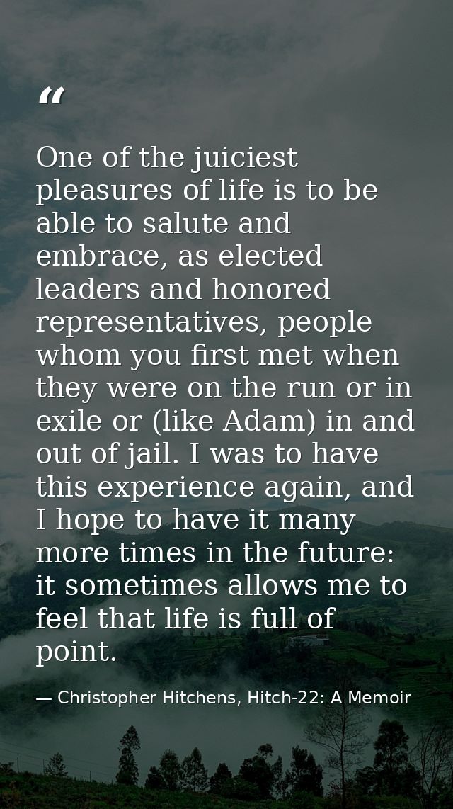 One of the juiciest pleasures of life is to be able to salute and embrace, as elected leaders and honored representative — Christopher Hitchens, Hitch-22: A Memoir