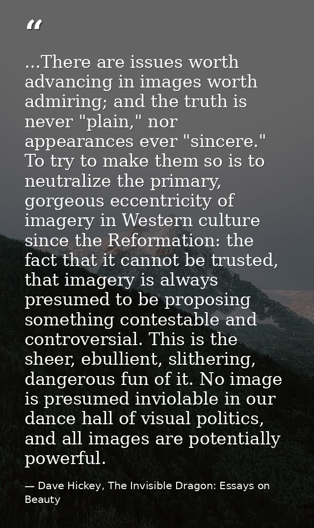 ...There are issues worth advancing in images worth admiring; and the truth is never "plain," nor appearances ever "sinc — Dave Hickey, The Invisible Dragon: Essays on Beauty