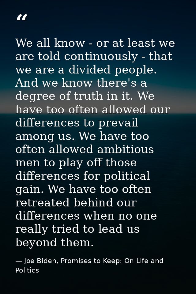 We all know - or at least we are told continuously - that we are a divided people. And we know there's a degree of truth — Joe Biden, Promises to Keep: On Life and Politics