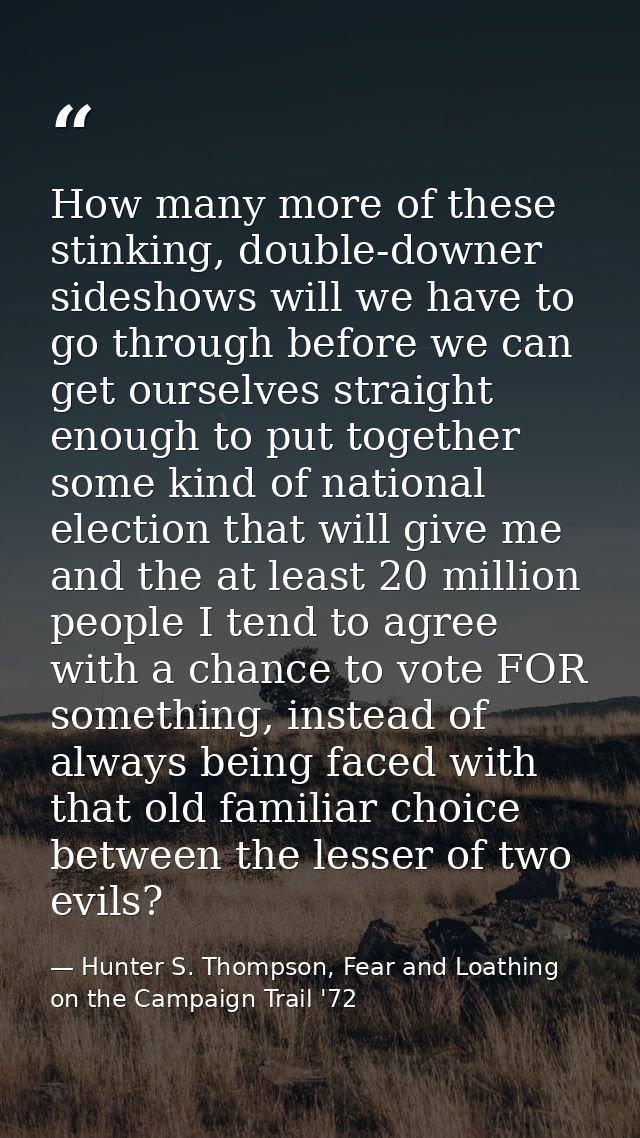How many more of these stinking, double-downer sideshows will we have to go through before we can get ourselves straight — Hunter S. Thompson, Fear and Loathing on the Campaign Trail '72