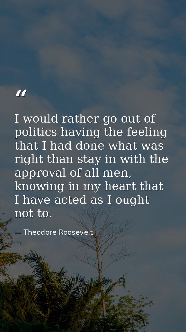 I would rather go out of politics having the feeling that I had done what was right than stay in with the approval of al — Theodore Roosevelt