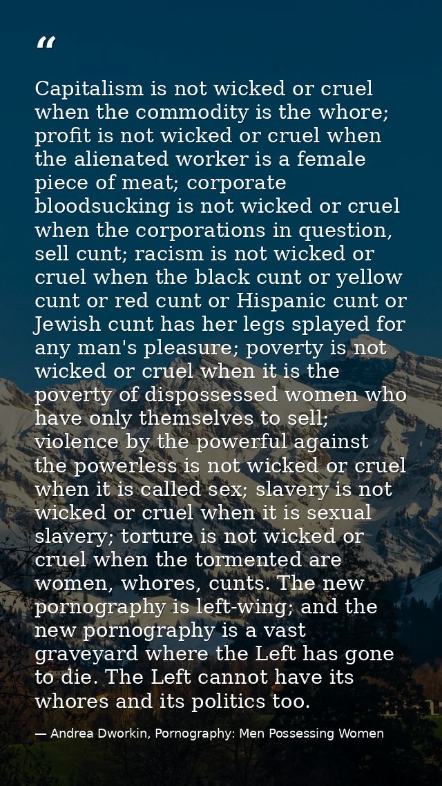 Capitalism is not wicked or cruel when the commodity is the whore; profit is not wicked or cruel when the alienated work — Andrea Dworkin, Pornography: Men Possessing Women