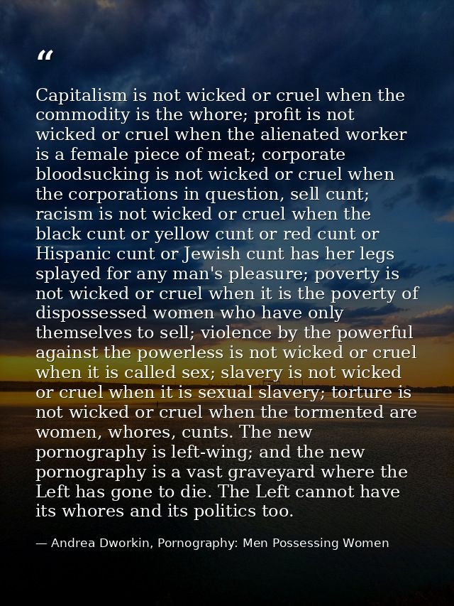 Capitalism is not wicked or cruel when the commodity is the whore; profit is not wicked or cruel when the alienated work — Andrea Dworkin, Pornography: Men Possessing Women
