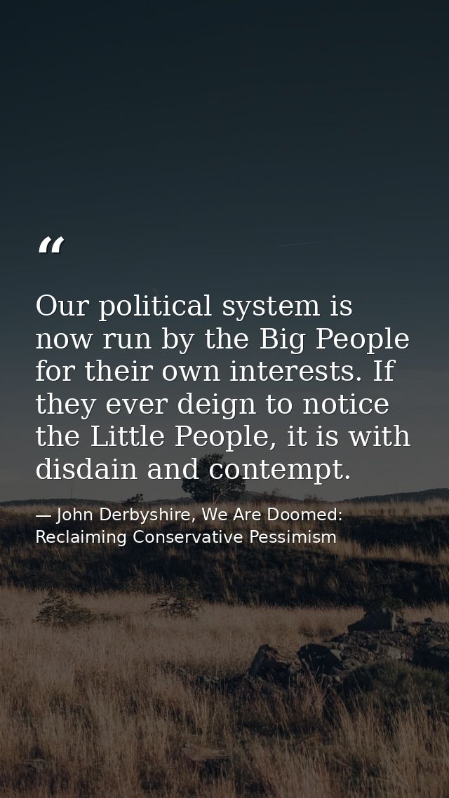 Our political system is now run by the Big People for their own interests. If they ever deign to notice the Little Peopl — John Derbyshire, We Are Doomed: Reclaiming Conservative Pessimism