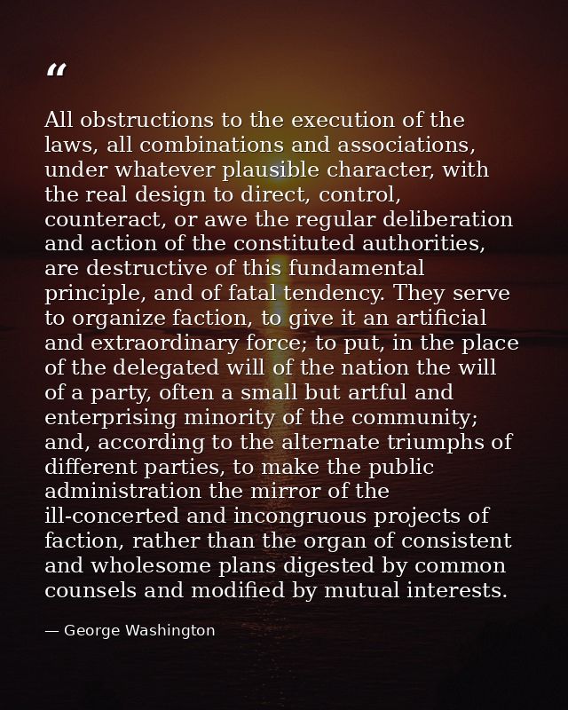 All obstructions to the execution of the laws, all combinations and associations, under whatever plausible character, wi — George Washington