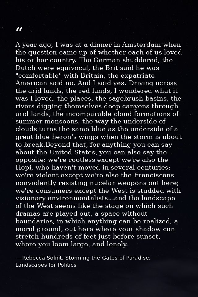 A year ago, I was at a dinner in Amsterdam when the question came up of whether each of us loved his or her country. The — Rebecca Solnit, Storming the Gates of Paradise: Landscapes for Politics