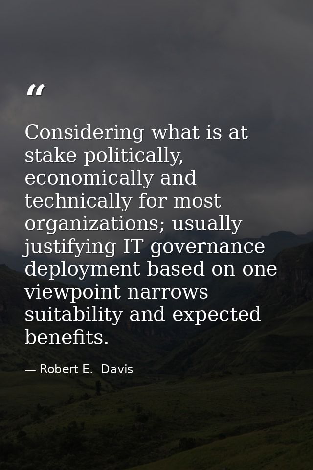Considering what is at stake politically, economically and technically for most organizations; usually justifying IT gov — Robert E.  Davis