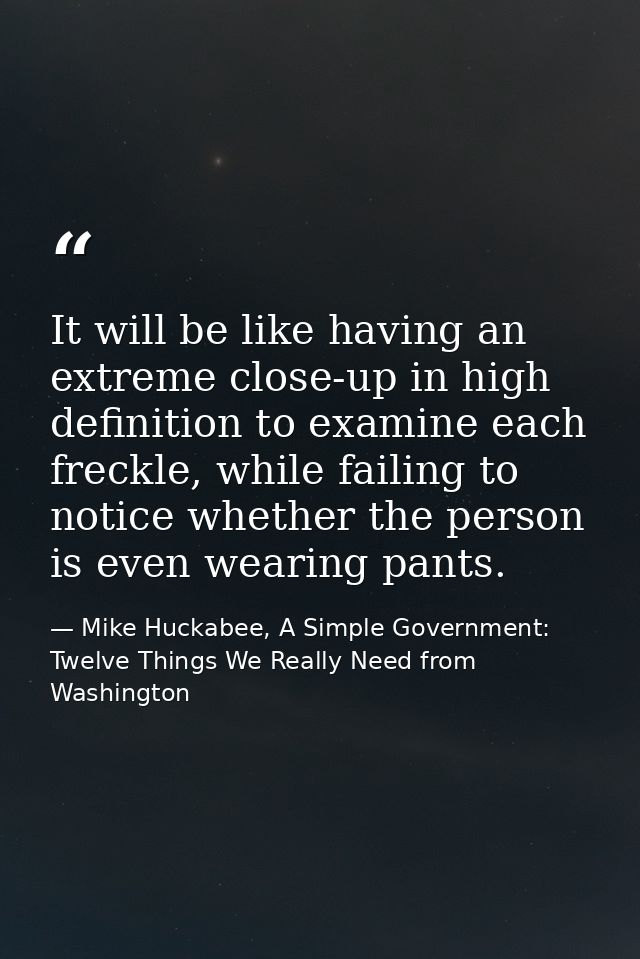 It will be like having an extreme close-up in high definition to examine each freckle, while failing to notice whether t — Mike Huckabee, A Simple Government: Twelve Things We Really Need from Washington