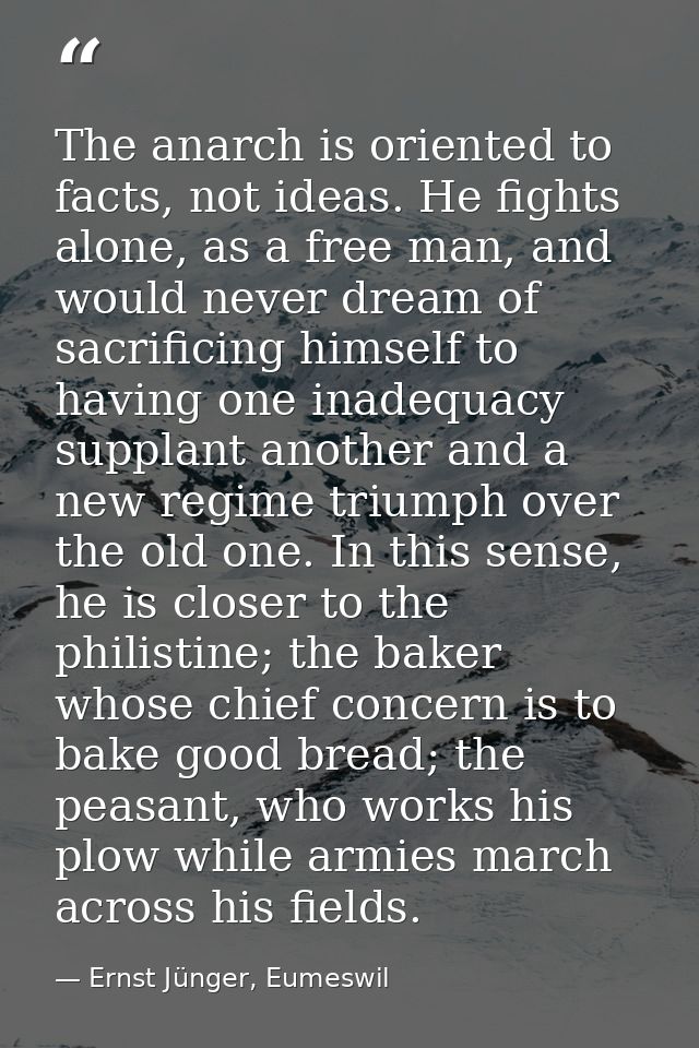 The anarch is oriented to facts, not ideas. He fights alone, as a free man, and would never dream of sacrificing himself — Ernst Jünger, Eumeswil