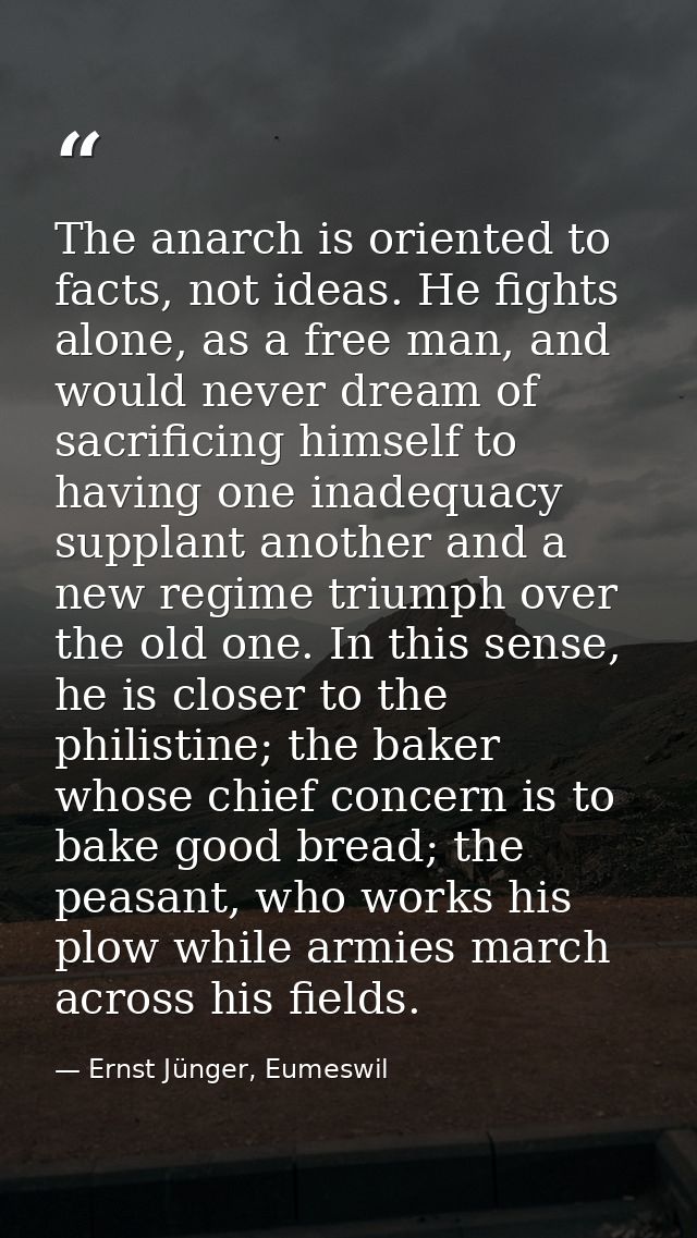 The anarch is oriented to facts, not ideas. He fights alone, as a free man, and would never dream of sacrificing himself — Ernst Jünger, Eumeswil
