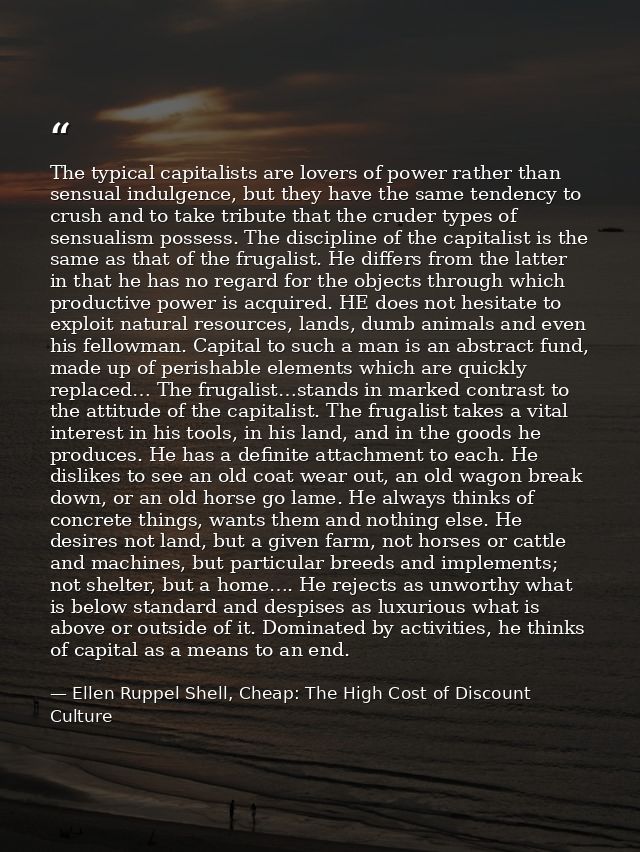 The typical capitalists are lovers of power rather than sensual indulgence, but they have the same tendency to crush and — Ellen Ruppel Shell, Cheap: The High Cost of Discount Culture
