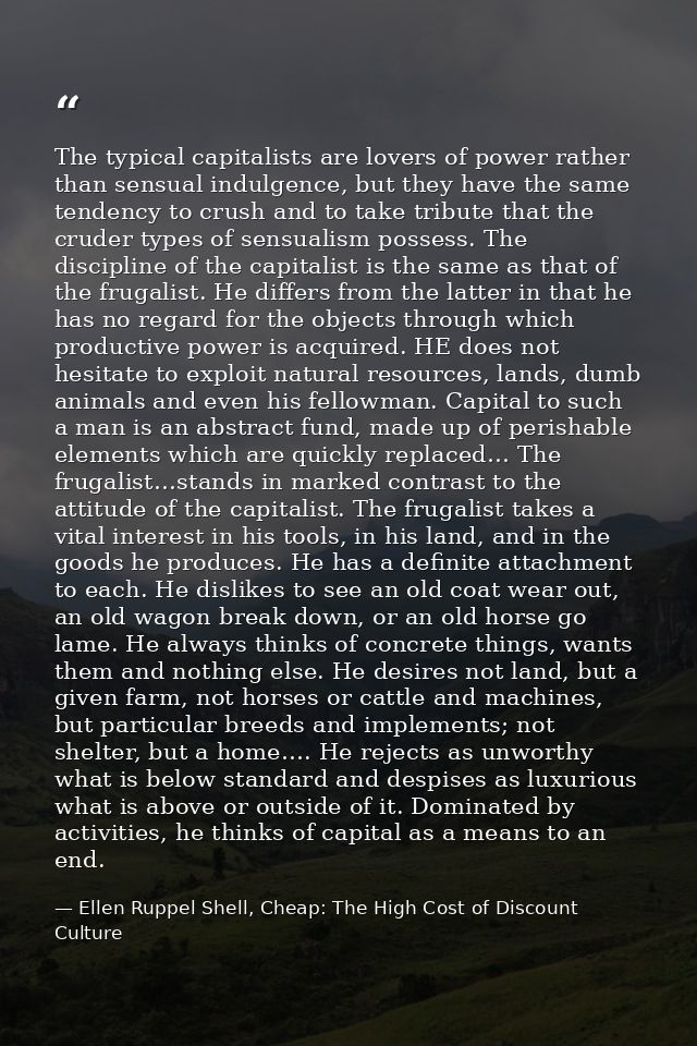 The typical capitalists are lovers of power rather than sensual indulgence, but they have the same tendency to crush and — Ellen Ruppel Shell, Cheap: The High Cost of Discount Culture