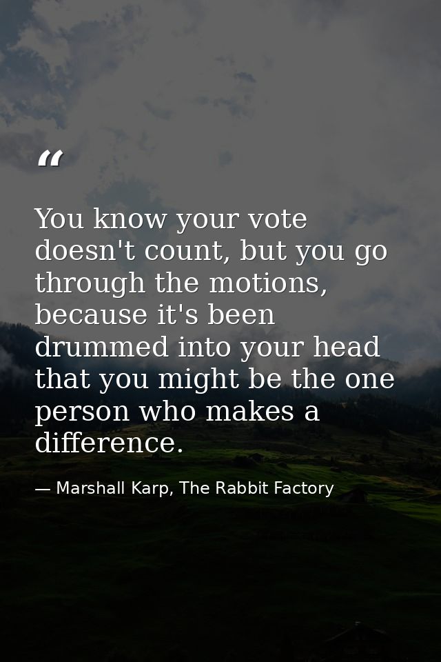 You know your vote doesn't count, but you go through the motions, because it's been drummed into your head that you migh — Marshall Karp, The Rabbit Factory