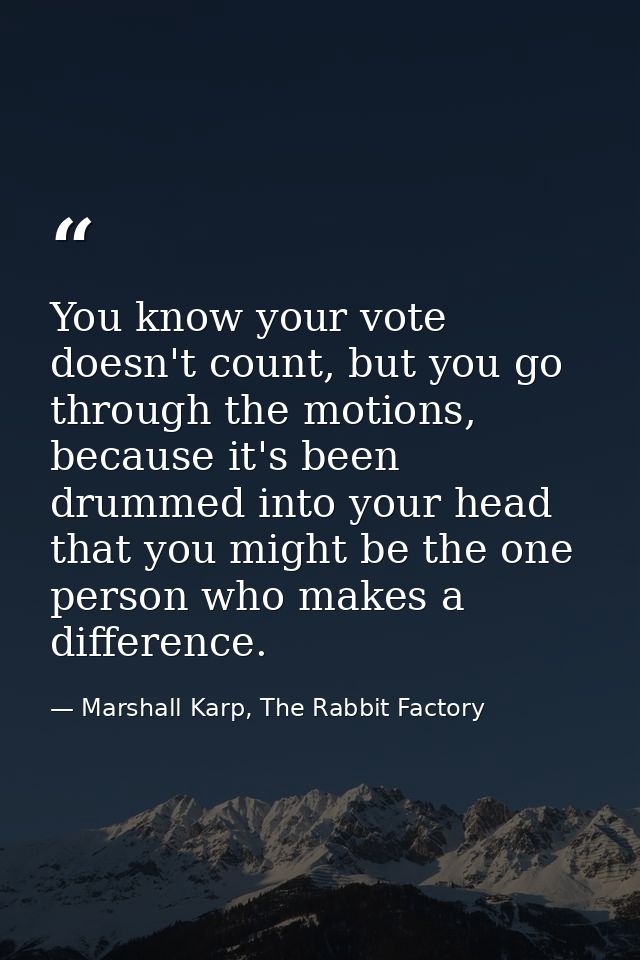 You know your vote doesn't count, but you go through the motions, because it's been drummed into your head that you migh — Marshall Karp, The Rabbit Factory