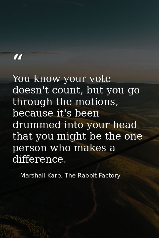 You know your vote doesn't count, but you go through the motions, because it's been drummed into your head that you migh — Marshall Karp, The Rabbit Factory
