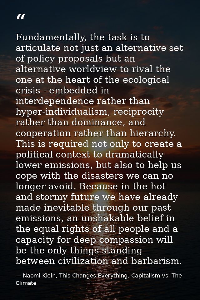 Fundamentally, the task is to articulate not just an alternative set of policy proposals but an alternative worldview to — Naomi Klein, This Changes Everything: Capitalism vs. The Climate