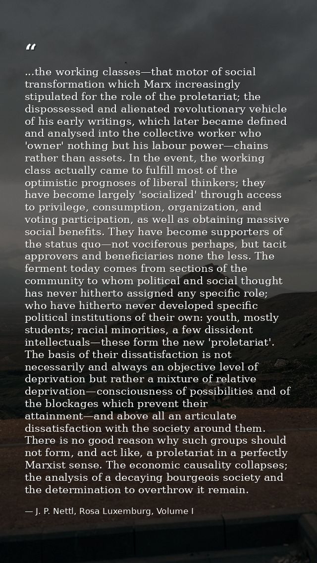 ...the working classes—that motor of social transformation which Marx increasingly stipulated for the role of the prolet — J. P. Nettl, Rosa Luxemburg, Volume I