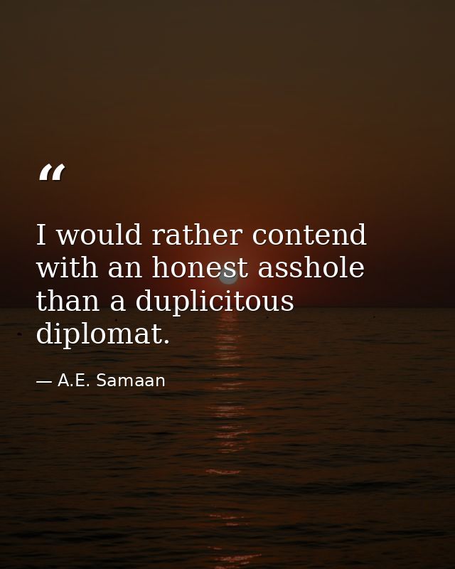 I would rather contend with an honest asshole than a duplicitous diplomat. — A.E. Samaan