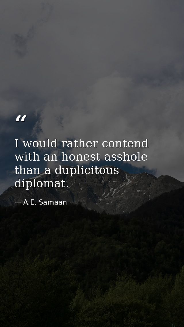 I would rather contend with an honest asshole than a duplicitous diplomat. — A.E. Samaan