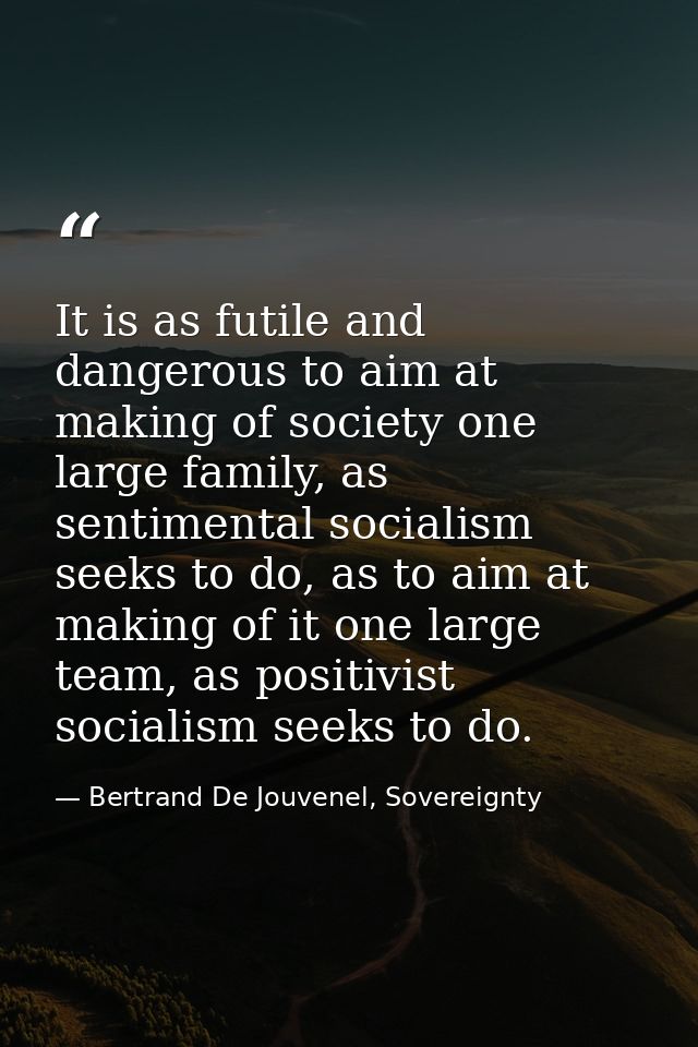 It is as futile and dangerous to aim at making of society one large family, as sentimental socialism seeks to do, as to  — Bertrand De Jouvenel, Sovereignty