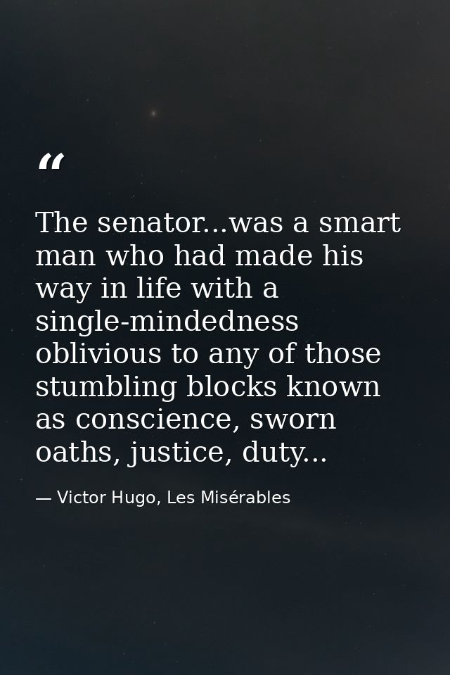 The senator...was a smart man who had made his way in life with a single-mindedness oblivious to any of those stumbling  — Victor Hugo, Les Misérables