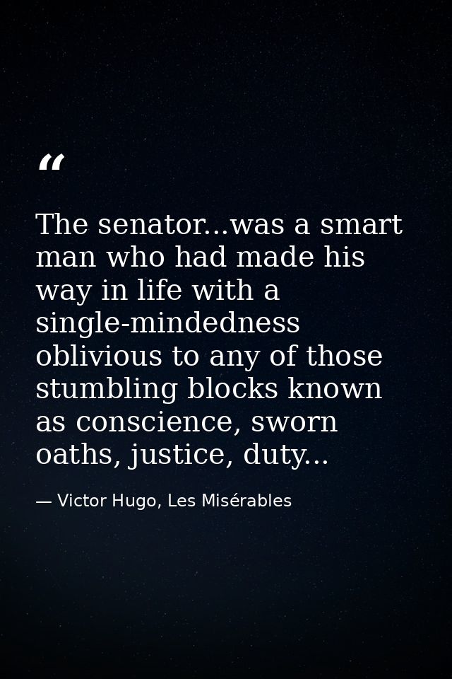 The senator...was a smart man who had made his way in life with a single-mindedness oblivious to any of those stumbling  — Victor Hugo, Les Misérables