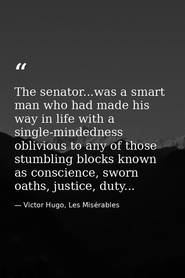 The senator...was a smart man who had made his way in life with a single-mindedness oblivious to any of those stumbling  — Victor Hugo, Les Misérables