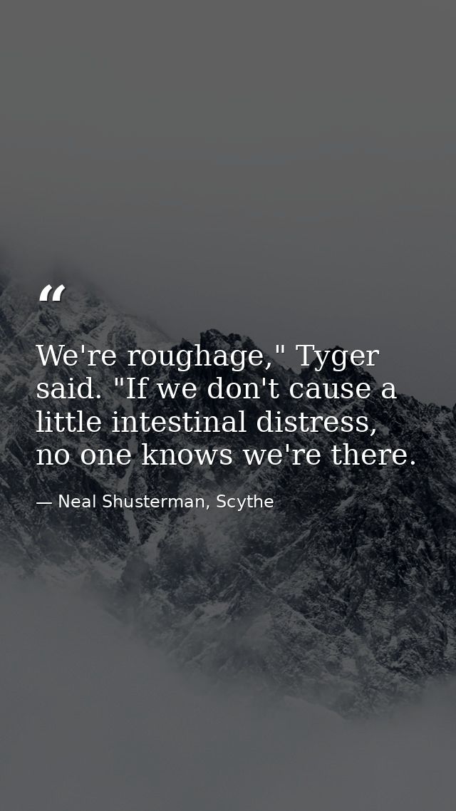 We're roughage," Tyger said. "If we don't cause a little intestinal distress, no one knows we're there. — Neal Shusterman, Scythe