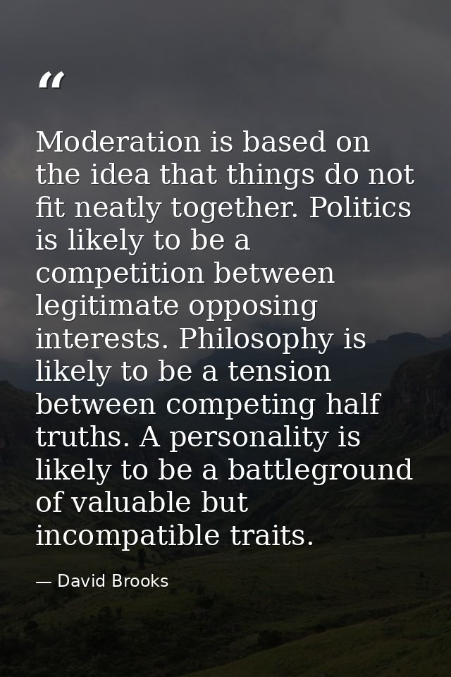 Moderation is based on the idea that things do not fit neatly together. Politics is likely to be a competition between l — David Brooks