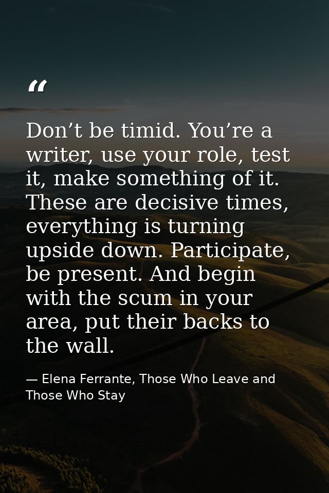 Don’t be timid. You’re a writer, use your role, test it, make something of it. These are decisive times, everything is t — Elena Ferrante, Those Who Leave and Those Who Stay
