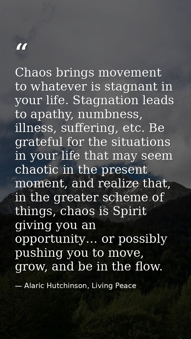 Chaos brings movement to whatever is stagnant in your life. Stagnation leads to apathy, numbness, illness, suffering, et — Alaric Hutchinson, Living Peace