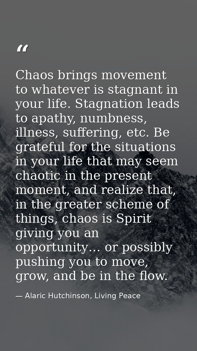 Chaos brings movement to whatever is stagnant in your life. Stagnation leads to apathy, numbness, illness, suffering, et — Alaric Hutchinson, Living Peace