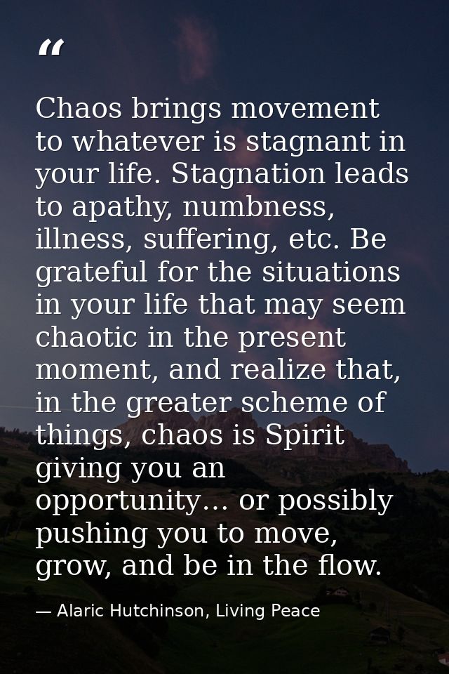 Chaos brings movement to whatever is stagnant in your life. Stagnation leads to apathy, numbness, illness, suffering, et — Alaric Hutchinson, Living Peace