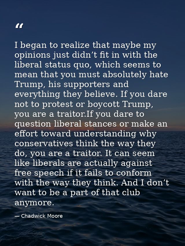 I began to realize that maybe my opinions just didn’t fit in with the liberal status quo, which seems to mean that you m — Chadwick Moore