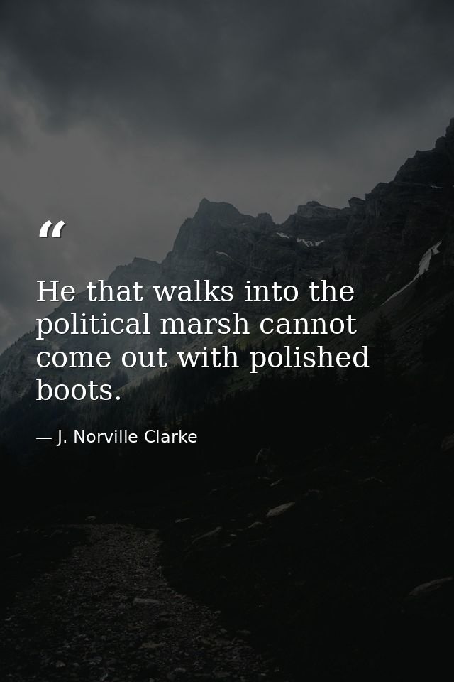 He that walks into the political marsh cannot come out with polished boots. — J. Norville Clarke