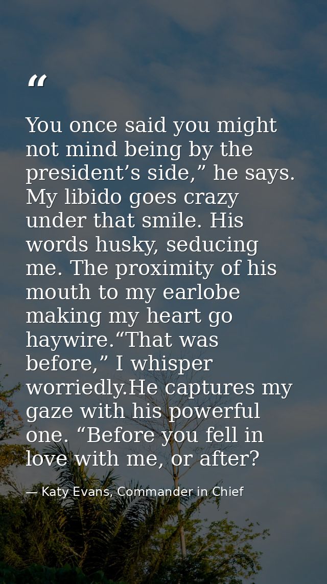 You once said you might not mind being by the president’s side,” he says. My libido goes crazy under that smile. His wor — Katy Evans, Commander in Chief