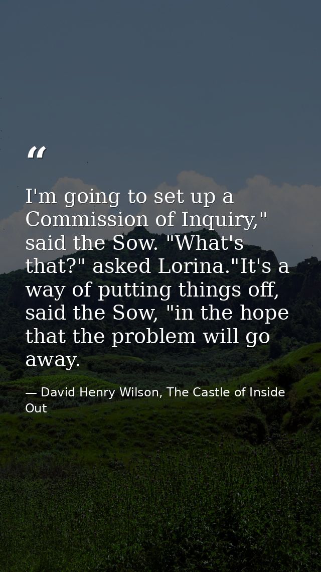 I'm going to set up a Commission of Inquiry," said the Sow. "What's that?" asked Lorina."It's a way of putting things of — David Henry Wilson, The Castle of Inside Out