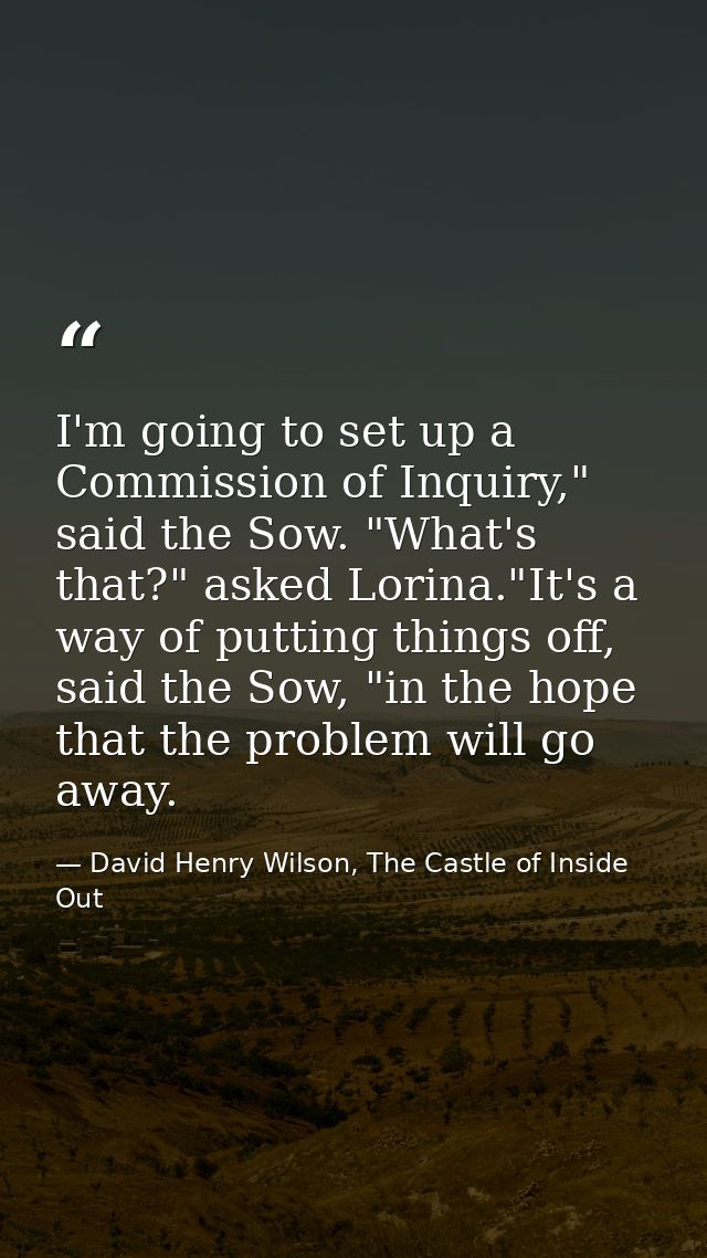 I'm going to set up a Commission of Inquiry," said the Sow. "What's that?" asked Lorina."It's a way of putting things of — David Henry Wilson, The Castle of Inside Out