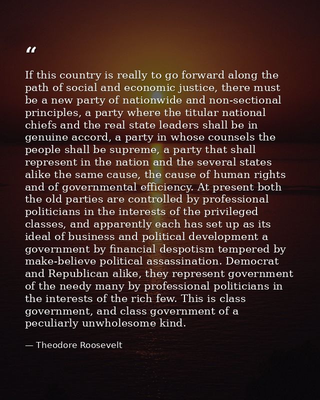 If this country is really to go forward along the path of social and economic justice, there must be a new party of nati — Theodore Roosevelt