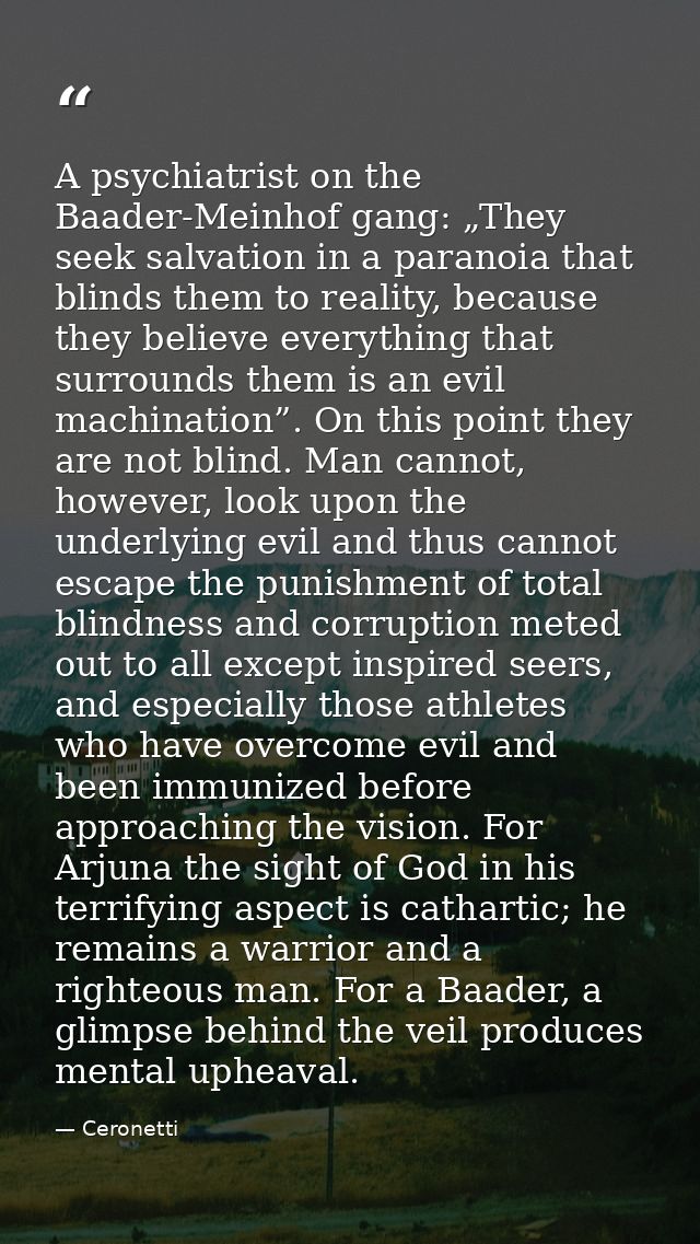 A psychiatrist on the Baader-Meinhof gang: „They seek salvation in a paranoia that blinds them to reality, because they  — Ceronetti