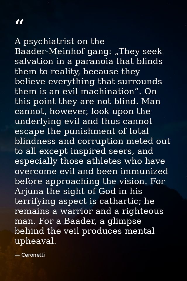 A psychiatrist on the Baader-Meinhof gang: „They seek salvation in a paranoia that blinds them to reality, because they  — Ceronetti