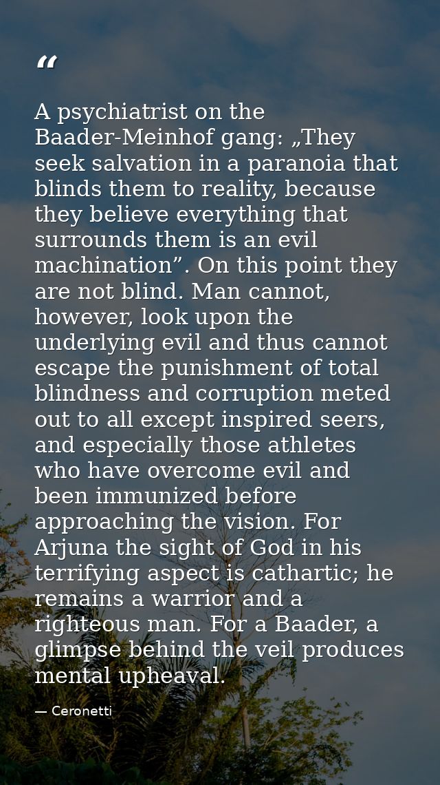 A psychiatrist on the Baader-Meinhof gang: „They seek salvation in a paranoia that blinds them to reality, because they  — Ceronetti