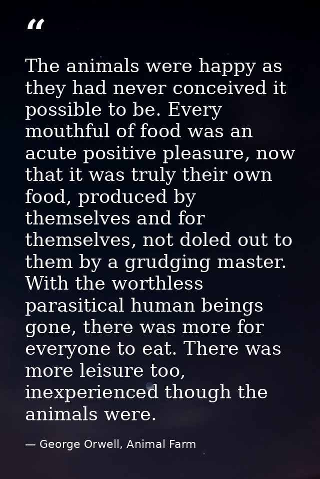The animals were happy as they had never conceived it possible to be. Every mouthful of food was an acute positive pleas — George Orwell, Animal Farm