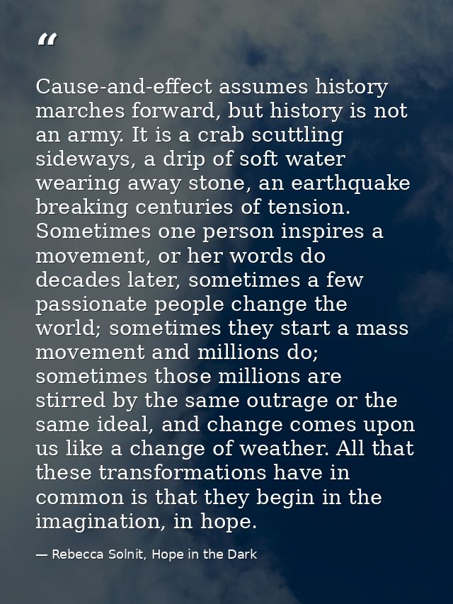 Cause-and-effect assumes history marches forward, but history is not an army. It is a crab scuttling sideways, a drip of — Rebecca Solnit, Hope in the Dark