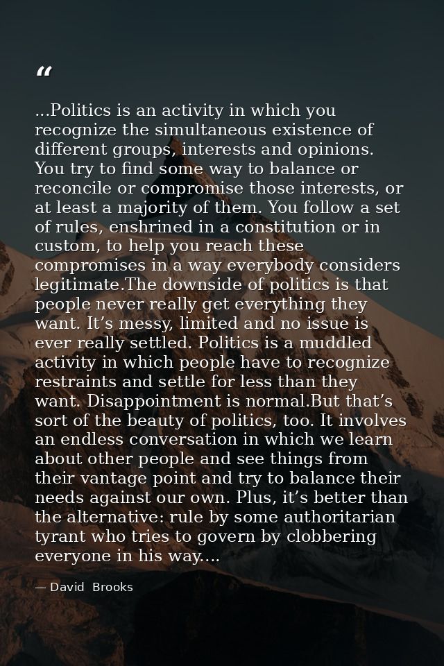 ...Politics is an activity in which you recognize the simultaneous existence of different groups, interests and opinions — David  Brooks