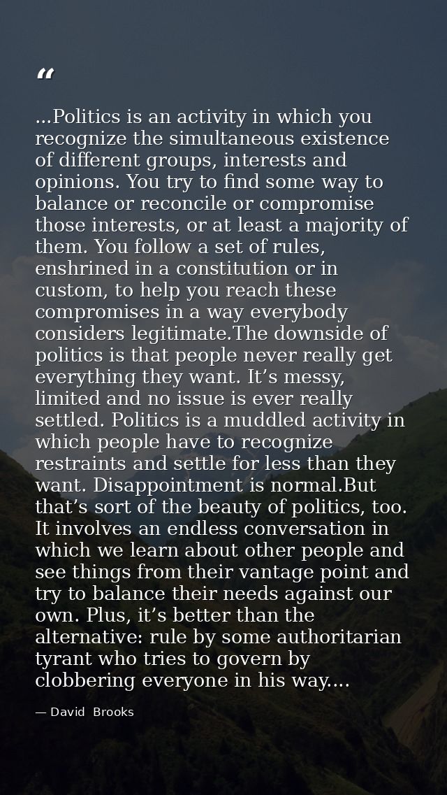 ...Politics is an activity in which you recognize the simultaneous existence of different groups, interests and opinions — David  Brooks